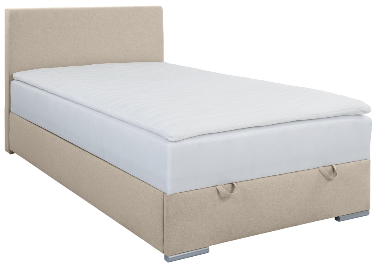 Beiges Boxbett 120 mit Kopfteil, seitliche Perspektive