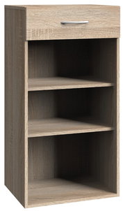 Holzregal mit drei offenen Fächern und einer Schublade, Frontalansicht