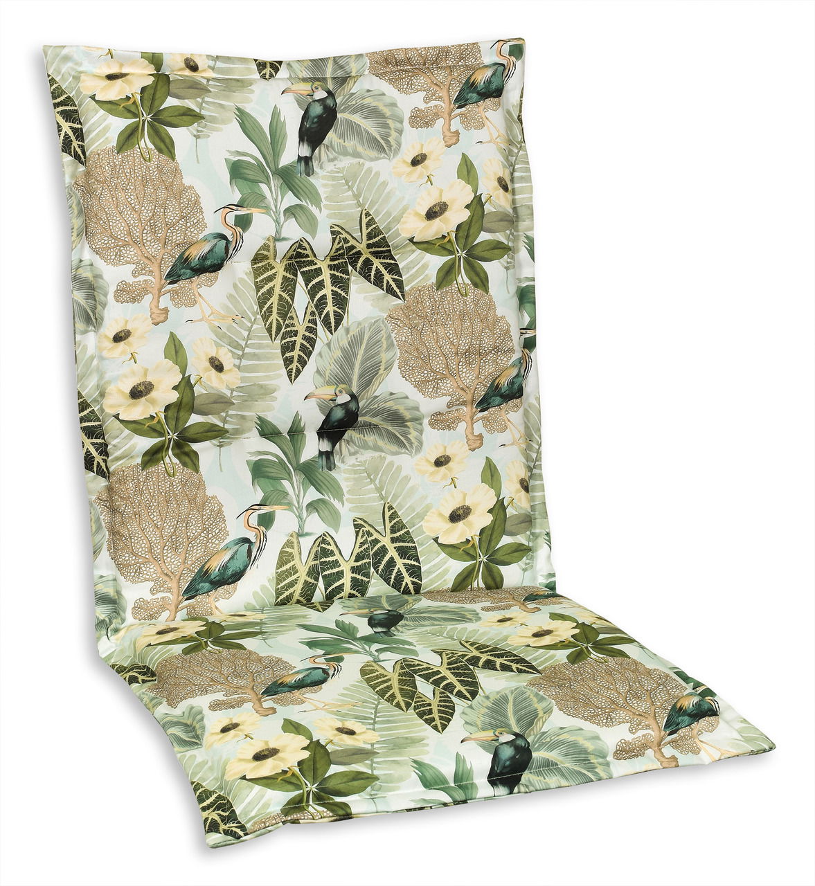 Schwienhorst Mittellehnerauflage KORFU Mittellehnerauflage mit tropischem Muster, das Vögel und Blätter zeigt, aus einer leicht seitlichen Perspektive fotografiert.