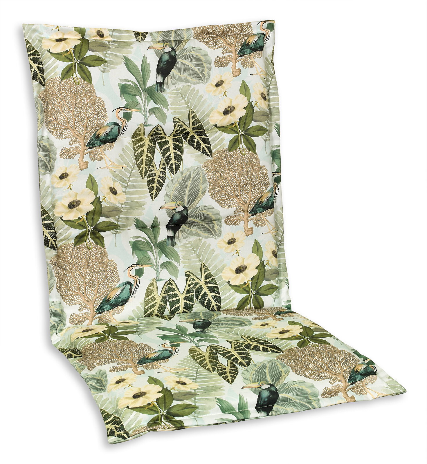 Schwienhorst Mittellehnerauflage KORFU Mittellehnerauflage mit tropischem Muster, das Vögel und Blätter zeigt, aus einer leicht seitlichen Perspektive fotografiert.