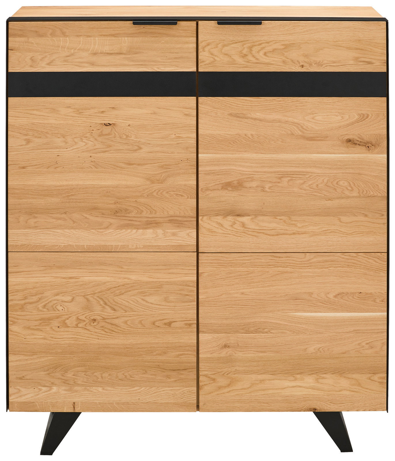 Frontale Ansicht eines modernen Highboards aus hellem Holz mit schwarzen Akzenten und schrägen Beinen.