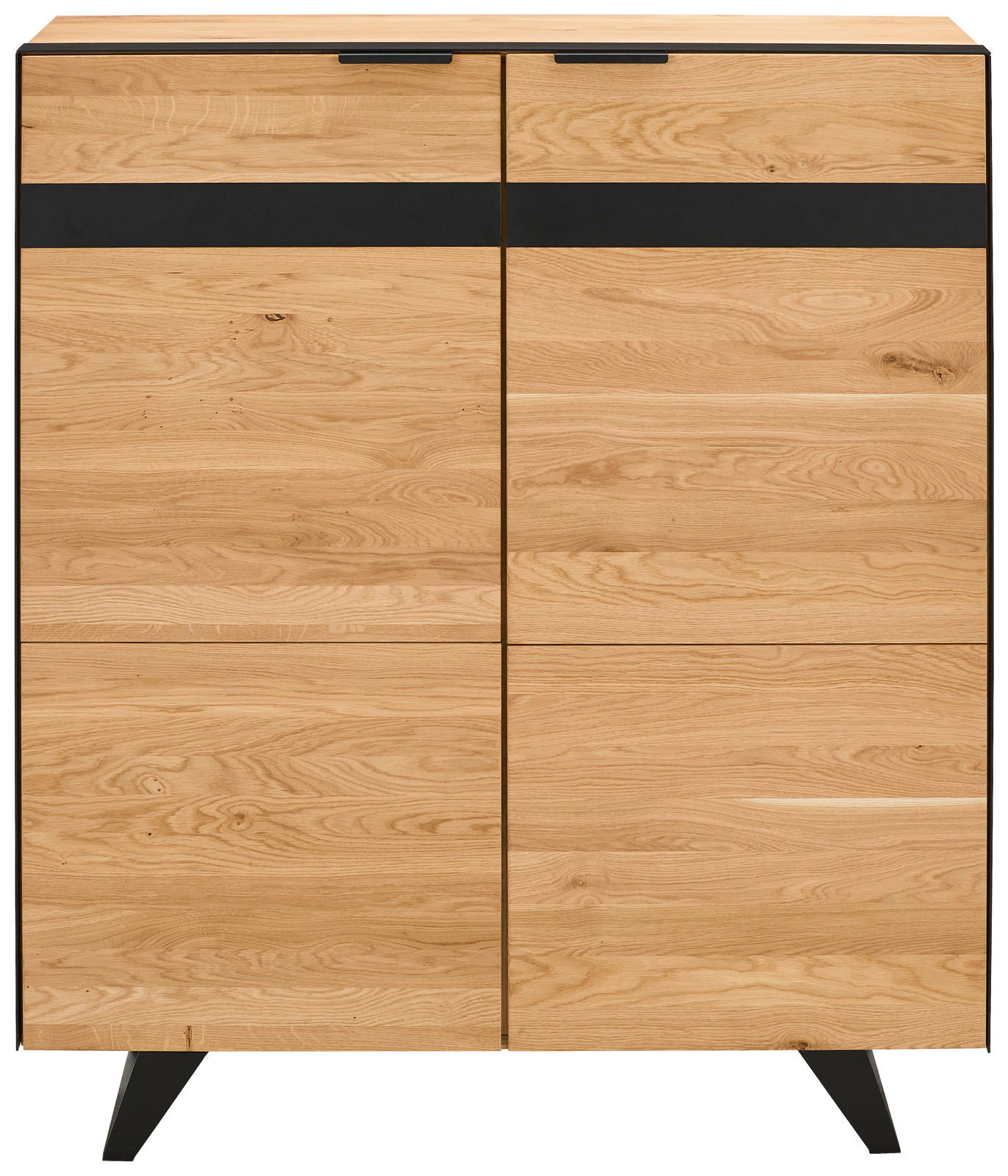 Frontale Ansicht eines modernen Highboards aus hellem Holz mit schwarzen Akzenten und schrägen Beinen.