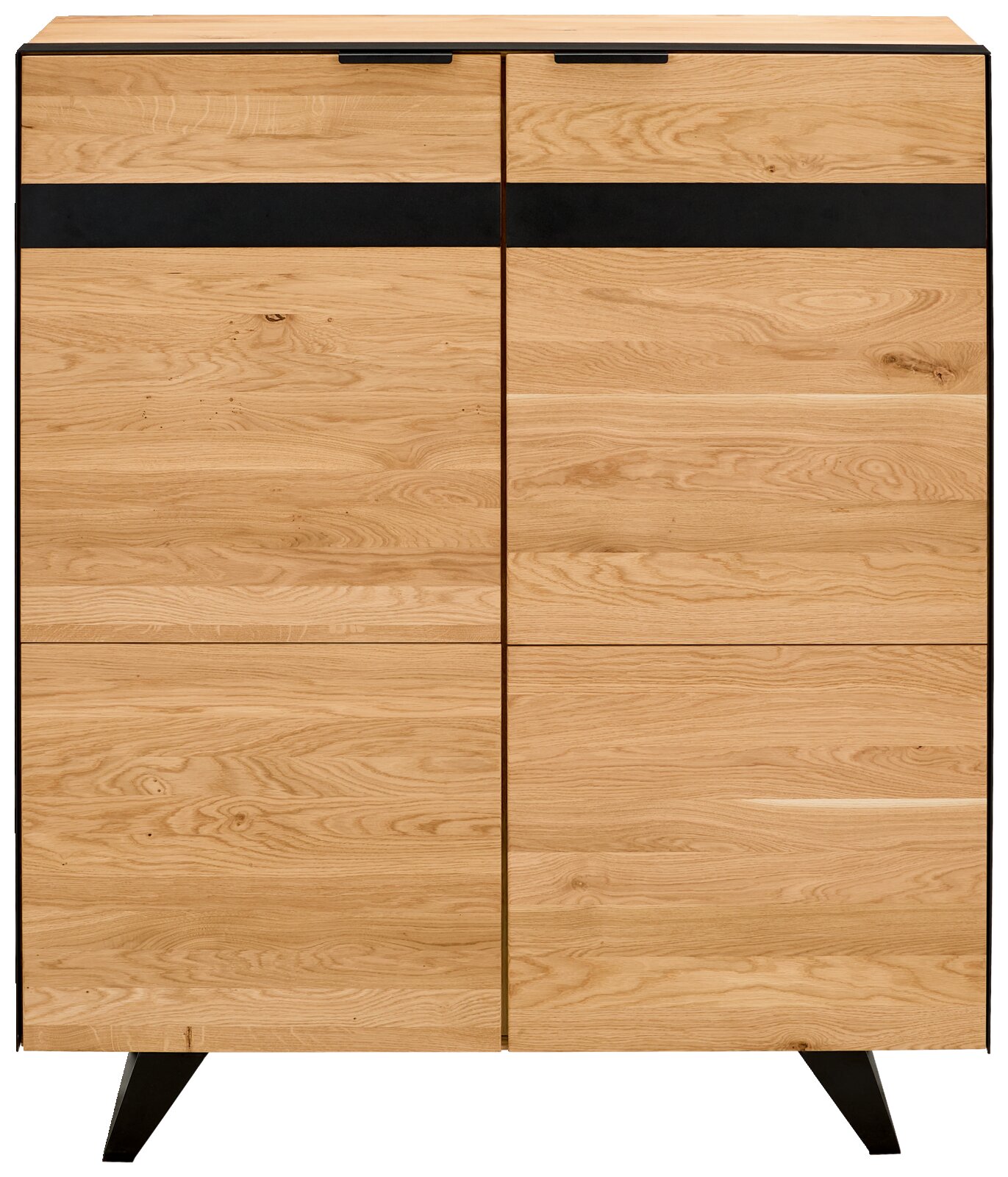 Vooraanzicht van een modern hoogkastje van licht hout met zwarte accenten en schuine poten.