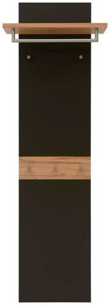 Garderobenpaneel in schwarzer Farbe mit Holz- und Metallakzenten, frontal abgebildet.