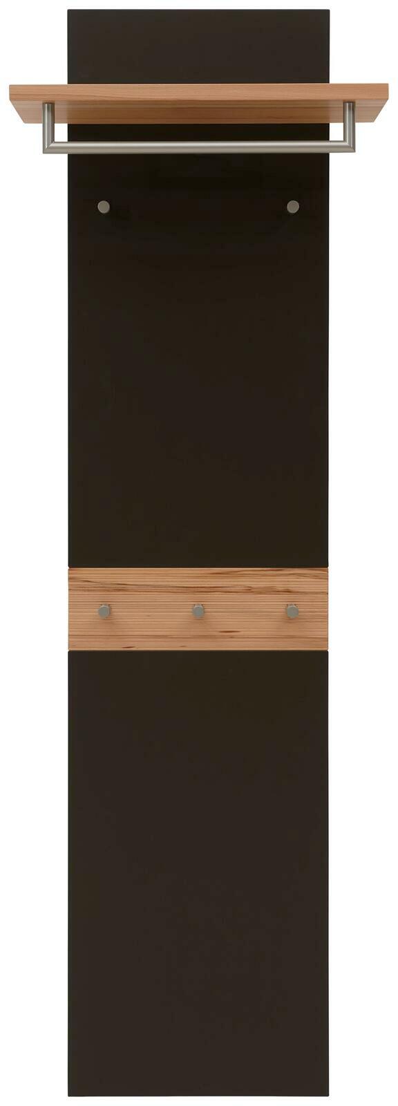 Garderobenpaneel in schwarzer Farbe mit Holz- und Metallakzenten, frontal abgebildet.