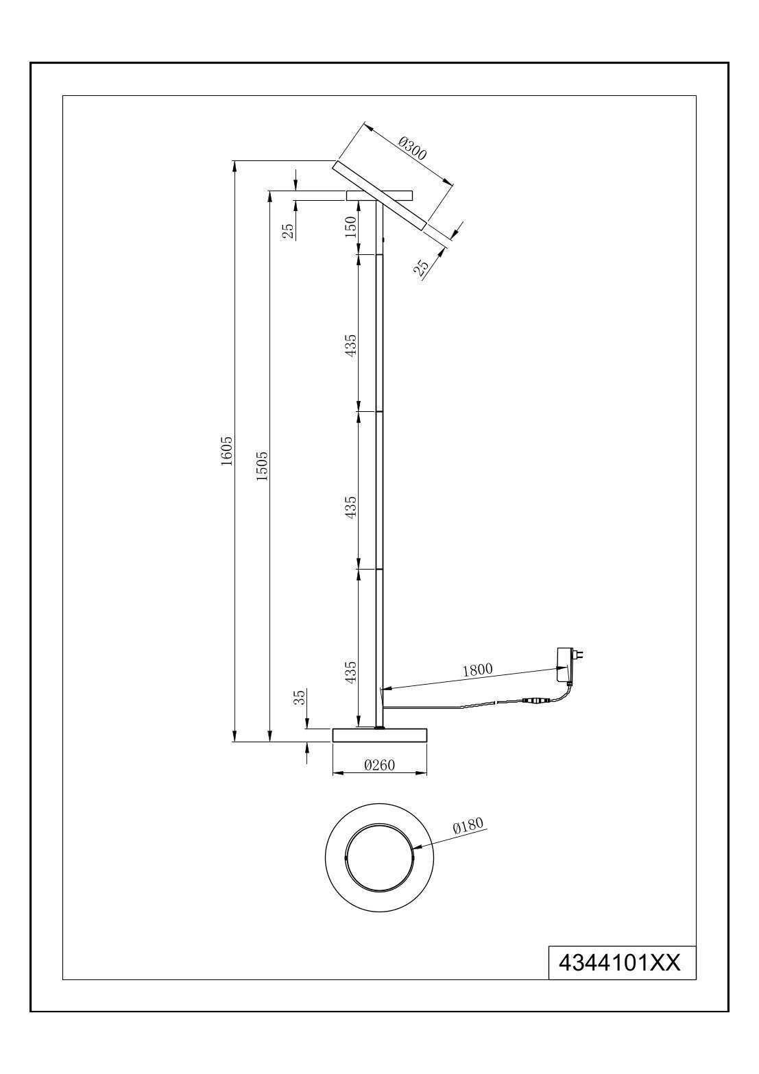 Technische lijntekening van een staande vloerlamp met ronde voet (Ø260), ronde lampkop (Ø300) en netsnoer van 1800 mm, weergegeven in zijaanzicht met maatvoering; onderaan ook bovenaanzicht van de voet (Ø180).