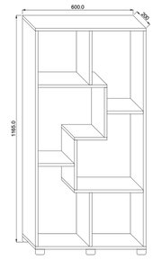 Technische Strichzeichnung eines schmalen Regals/Bücherregals mit versetzten Fächern, Maße ca. 60 cm Breite, 20 cm Tiefe und 116,5 cm Höhe, dargestellt in frontaler Ansicht mit leichter 3D-Perspektive.