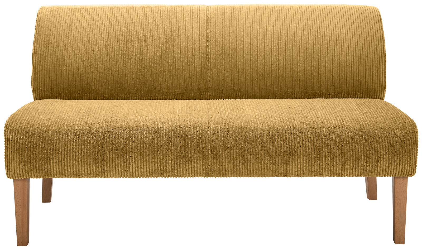 Gelbe Sitzbank aus Cordstoff, frontal fotografiert