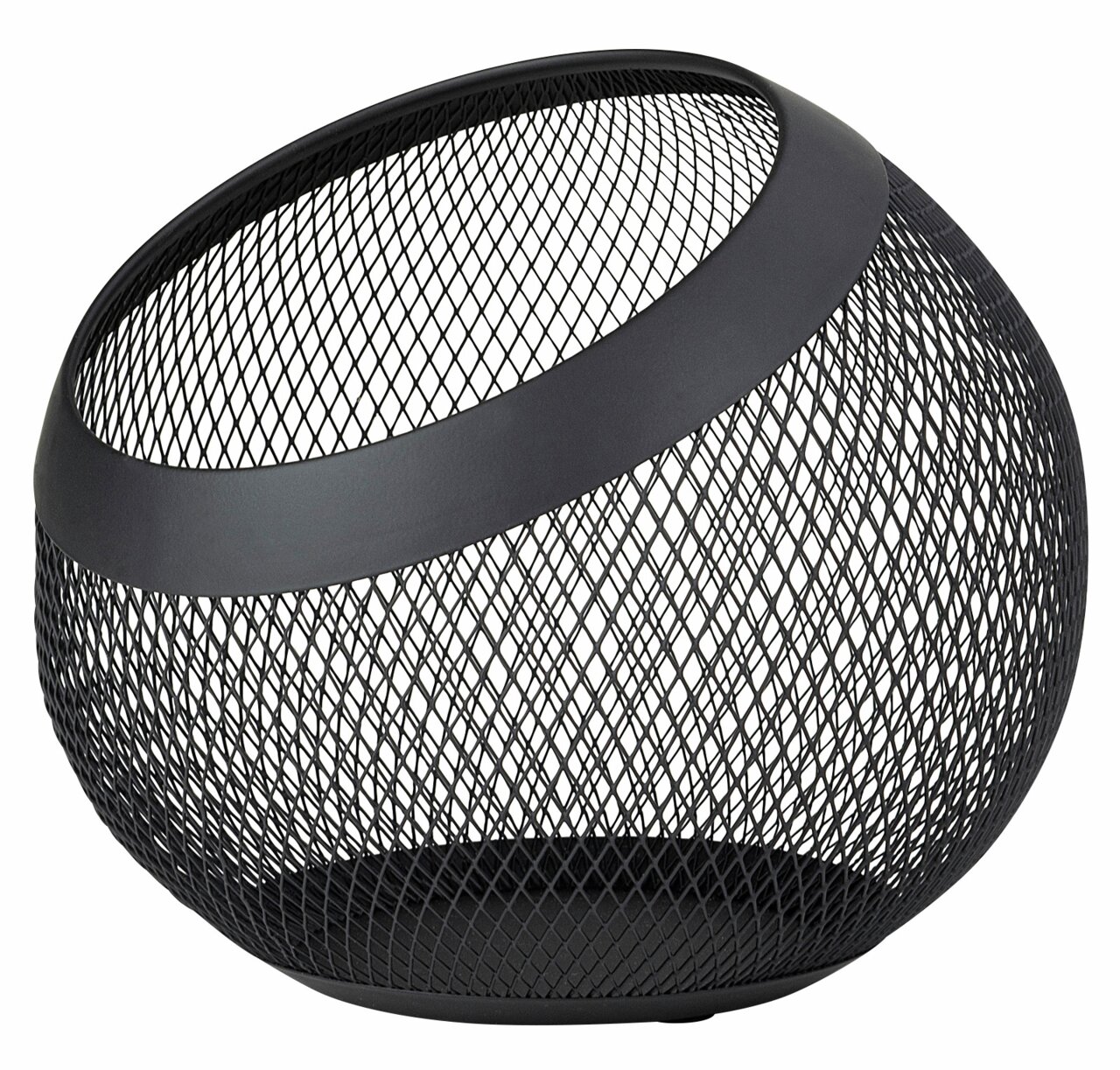 Moderner Obstkorb aus mattschwarzem Metallgeflecht, seitliche Perspektive