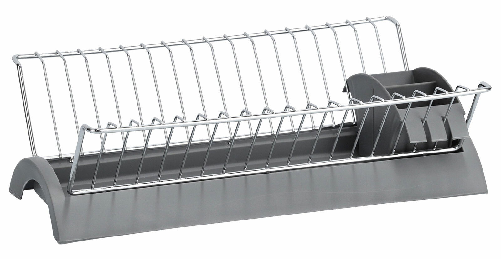 Geschirrabtropfständer aus Metall mit grauer Kunststoffbasis, seitliche Perspektive