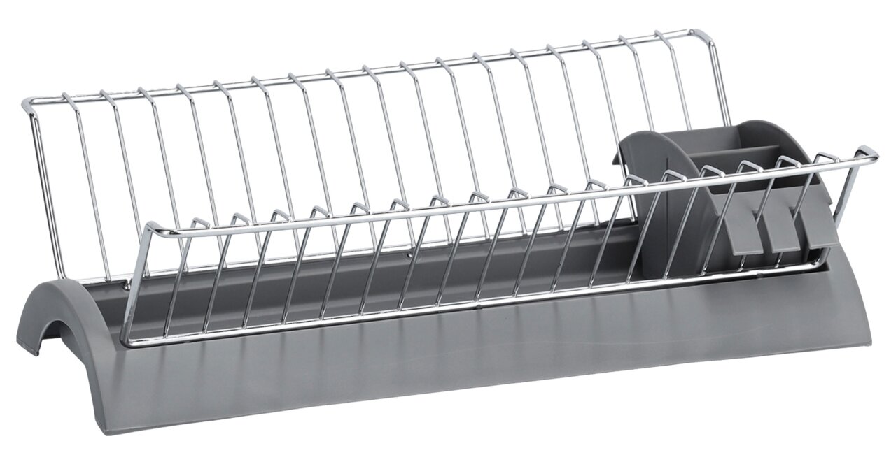 Geschirrabtropfständer aus Metall mit grauer Kunststoffbasis, seitliche Perspektive