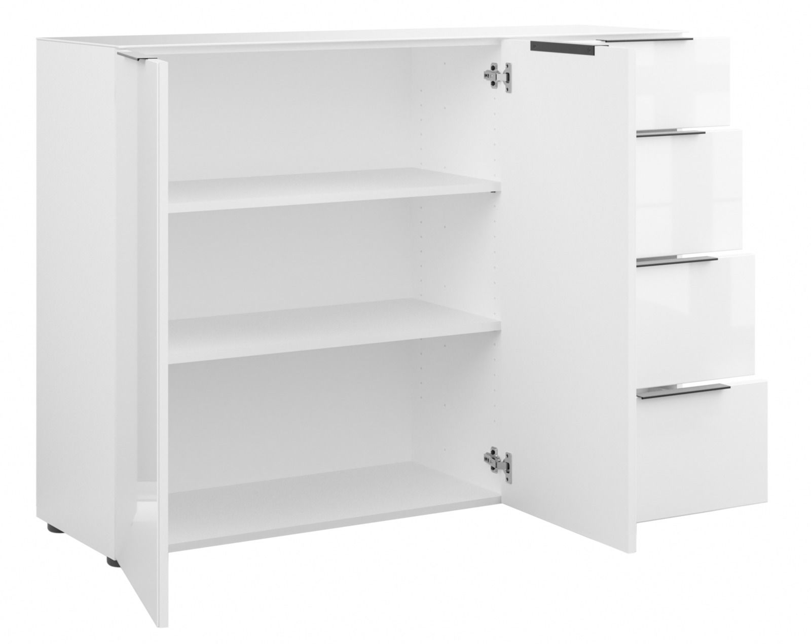 Weißes Sideboard mit offenen Türen und Schubladen, seitliche Perspektive