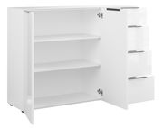 Weißes Sideboard mit offenen Türen und Schubladen, seitliche Perspektive