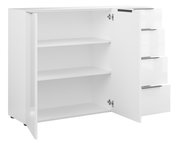Weißes Sideboard mit offenen Türen und Schubladen, seitliche Perspektive