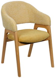 Gelber Armlehnstuhl mit Holzbeinen, seitliche Perspektive