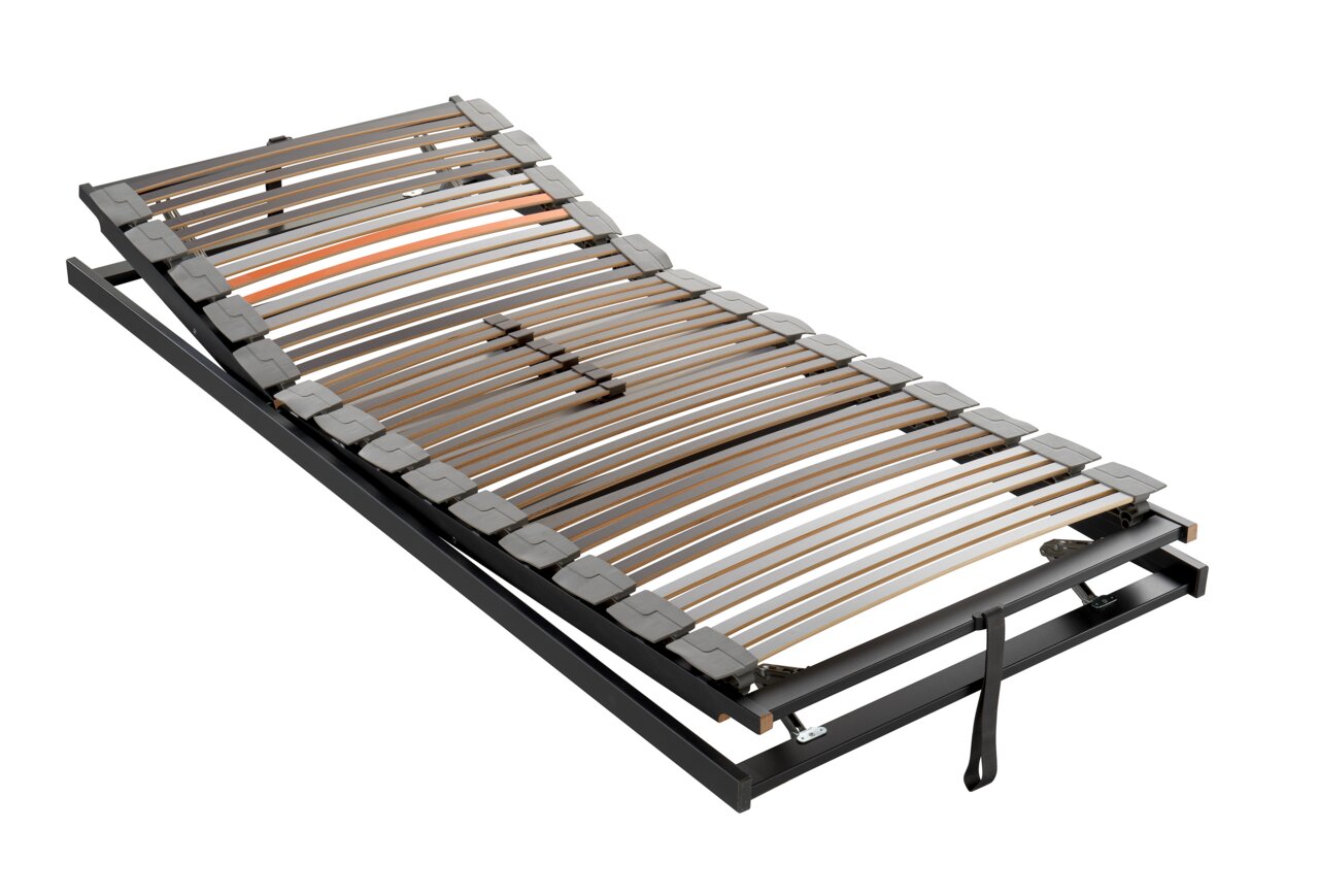 Dieter Knoll Federholzrahmen TRIO LKF ASTI Federholzrahmen TRIO LKF in seitlicher Perspektive, zeigt die gebogenen Holzlatten und die verstellbare Kopfstütze.