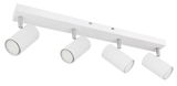 Moderner weißer Deckenstrahler mit vier verstellbaren Spots, seitliche Perspektive