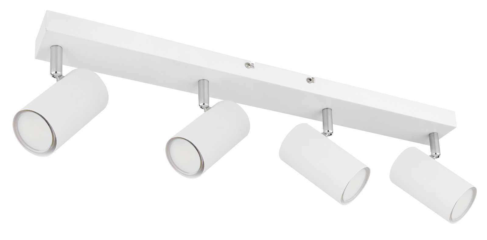 Moderner weißer Deckenstrahler mit vier verstellbaren Spots, seitliche Perspektive