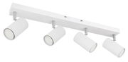 Moderner weißer Deckenstrahler mit vier verstellbaren Spots, seitliche Perspektive