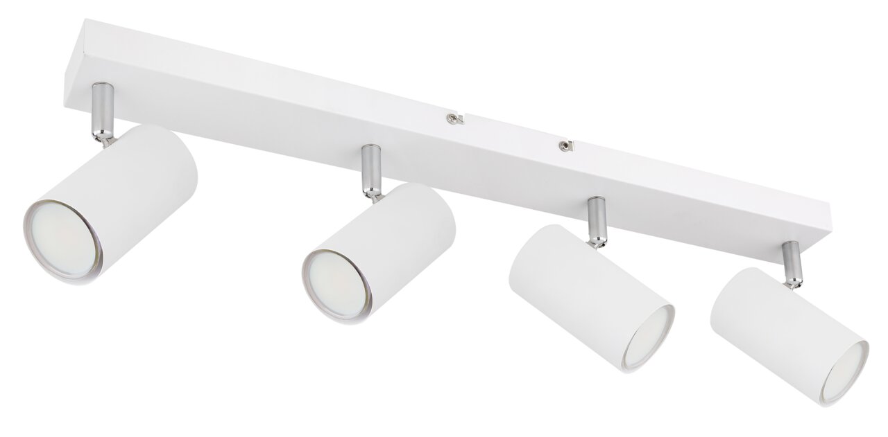 Moderner weißer Deckenstrahler mit vier verstellbaren Spots, seitliche Perspektive