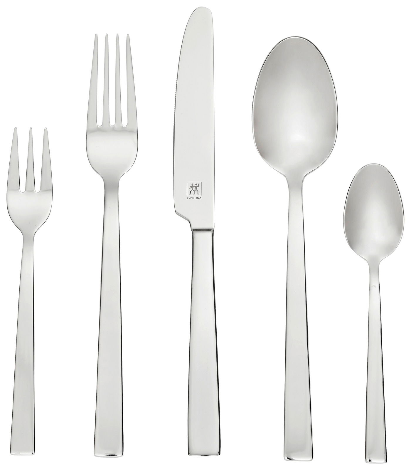 Set aus Edelstahlbesteck bestehend aus Gabel, Messer, Löffel, Kuchengabel und Teelöffel, frontal abgebildet.
