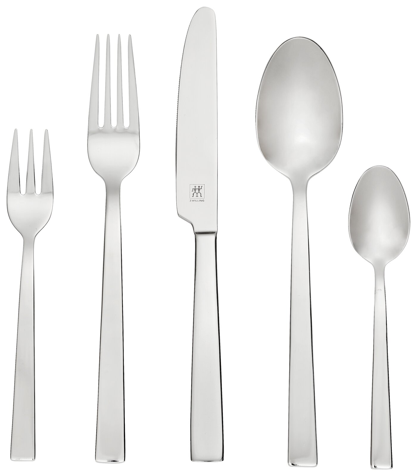 Set aus Edelstahlbesteck bestehend aus Gabel, Messer, Löffel, Kuchengabel und Teelöffel, frontal abgebildet.