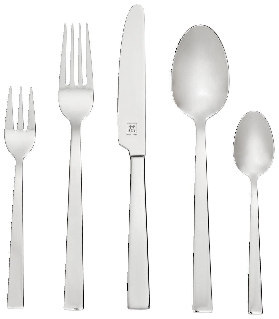 Set aus Edelstahlbesteck bestehend aus Gabel, Messer, Löffel, Kuchengabel und Teelöffel, frontal abgebildet.