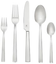 Set aus Edelstahlbesteck bestehend aus Gabel, Messer, Löffel, Kuchengabel und Teelöffel, frontal abgebildet.