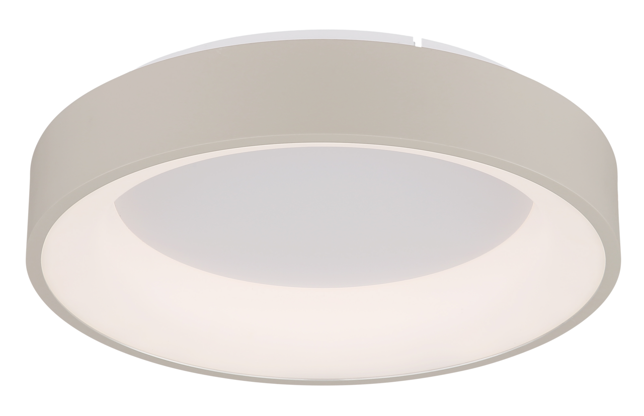 Runde LED-Deckenleuchte in seitlicher Perspektive, modernes Design in Weiß.