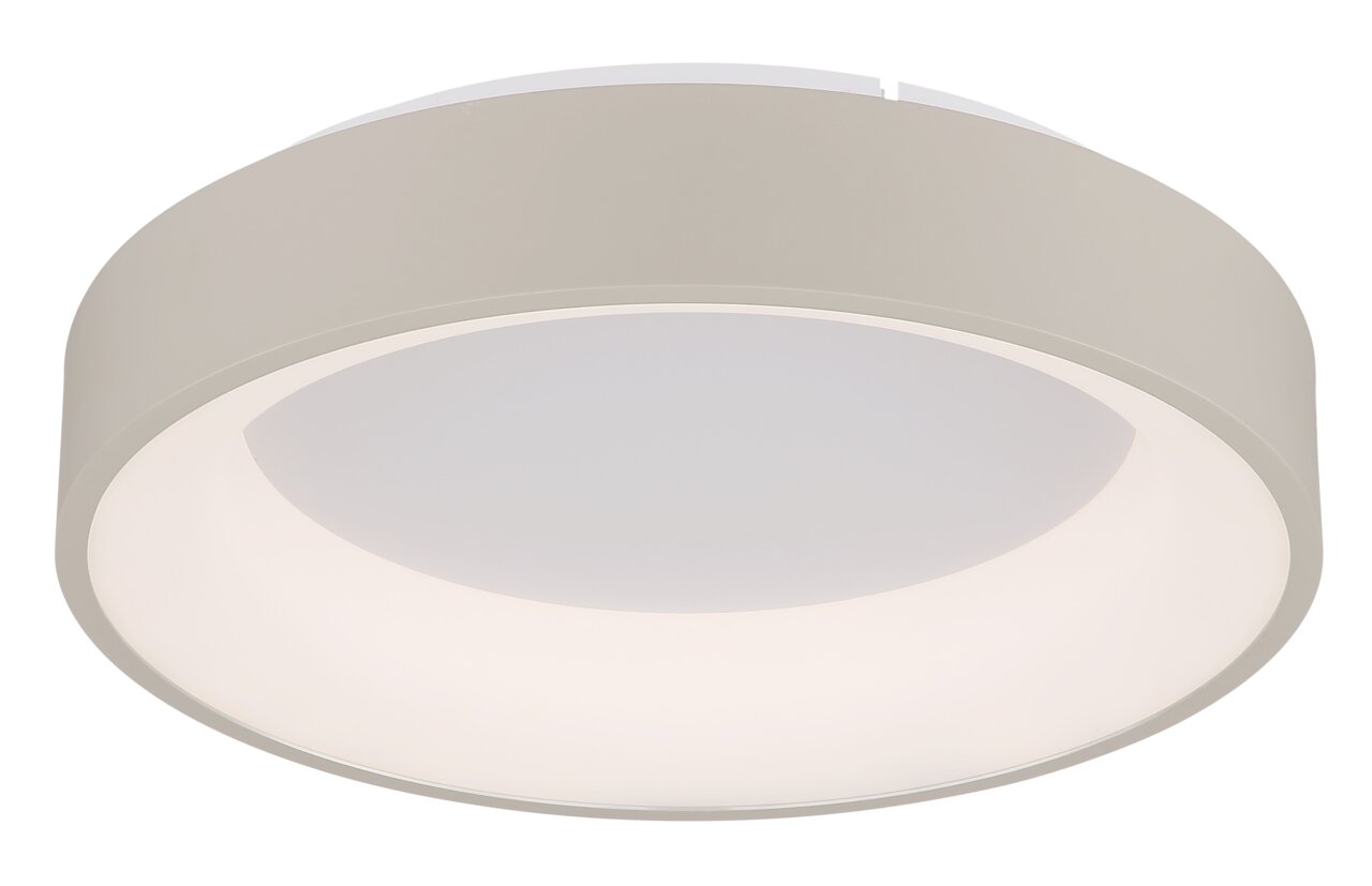 Runde LED-Deckenleuchte in seitlicher Perspektive, modernes Design in Weiß.