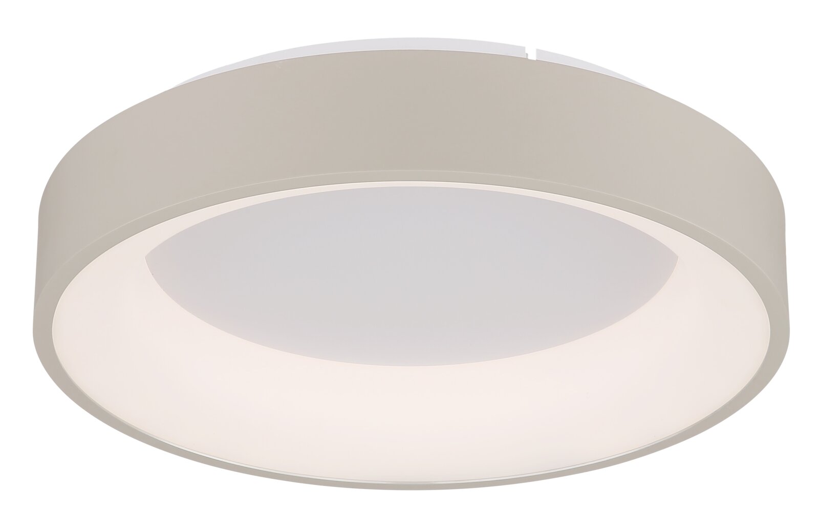 Ronde led-plafondlamp in zijaanzicht, modern ontwerp in wit.