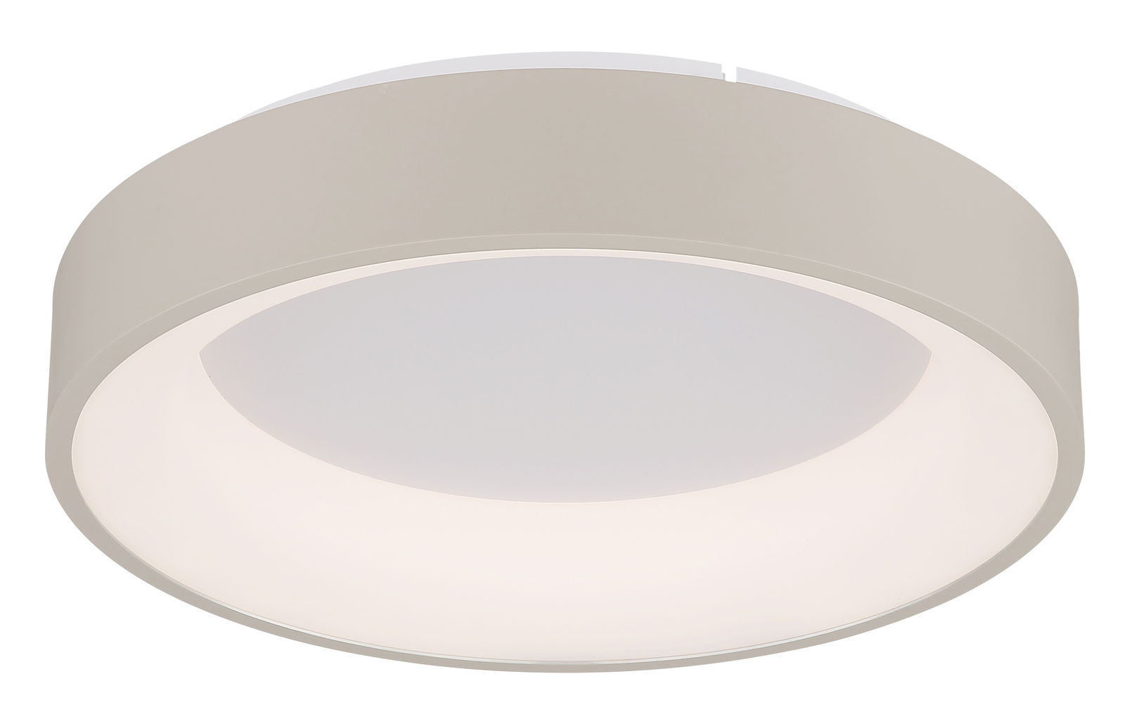 Runde LED-Deckenleuchte in seitlicher Perspektive, modernes Design in Weiß.