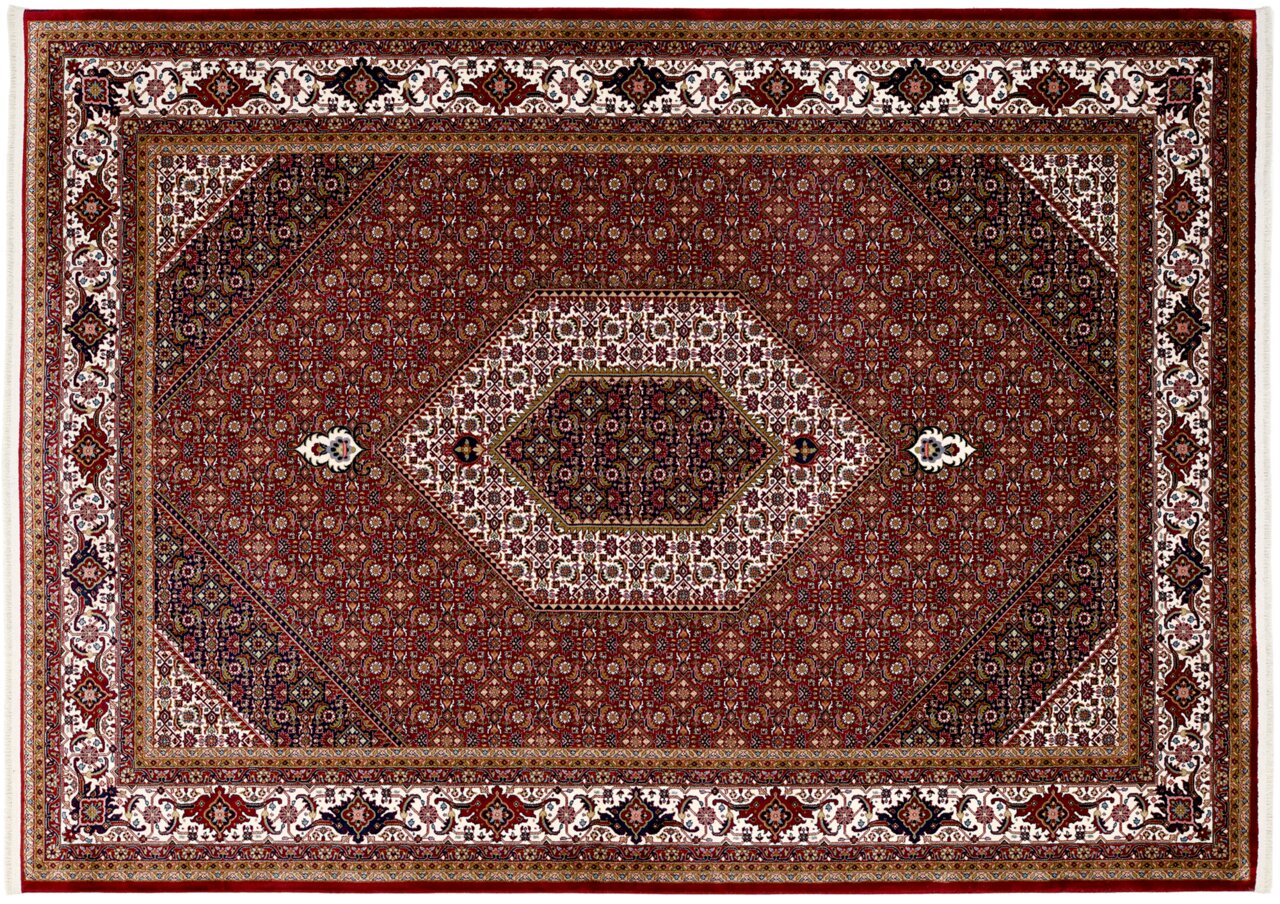 Orientteppich mit komplexem geometrischem Muster in Rot- und Beigetönen, Draufsicht