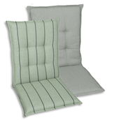 Zwei Sesselauflagen in grünlichen Farbtönen, eine mit Streifenmuster und eine einfarbig, aus der Vorderansicht.