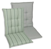 Zwei Sesselauflagen in grünlichen Farbtönen, eine mit Streifenmuster und eine einfarbig, aus der Vorderansicht.