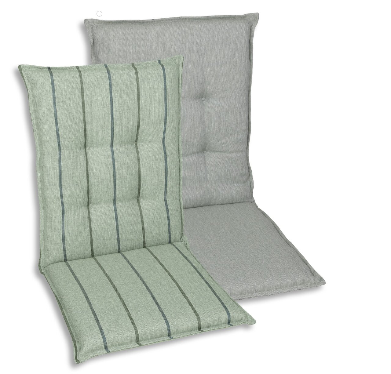 Zwei Sesselauflagen in grünlichen Farbtönen, eine mit Streifenmuster und eine einfarbig, aus der Vorderansicht.
