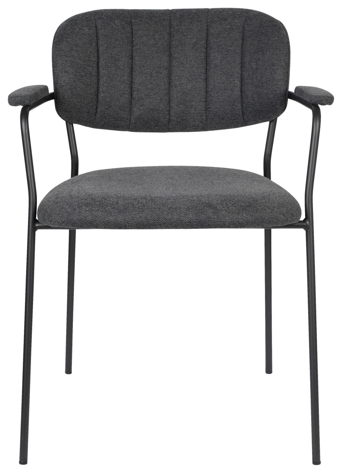 Grauer Armlehnenstuhl JOLIEN mit schwarzem Metallgestell, Vorderansicht