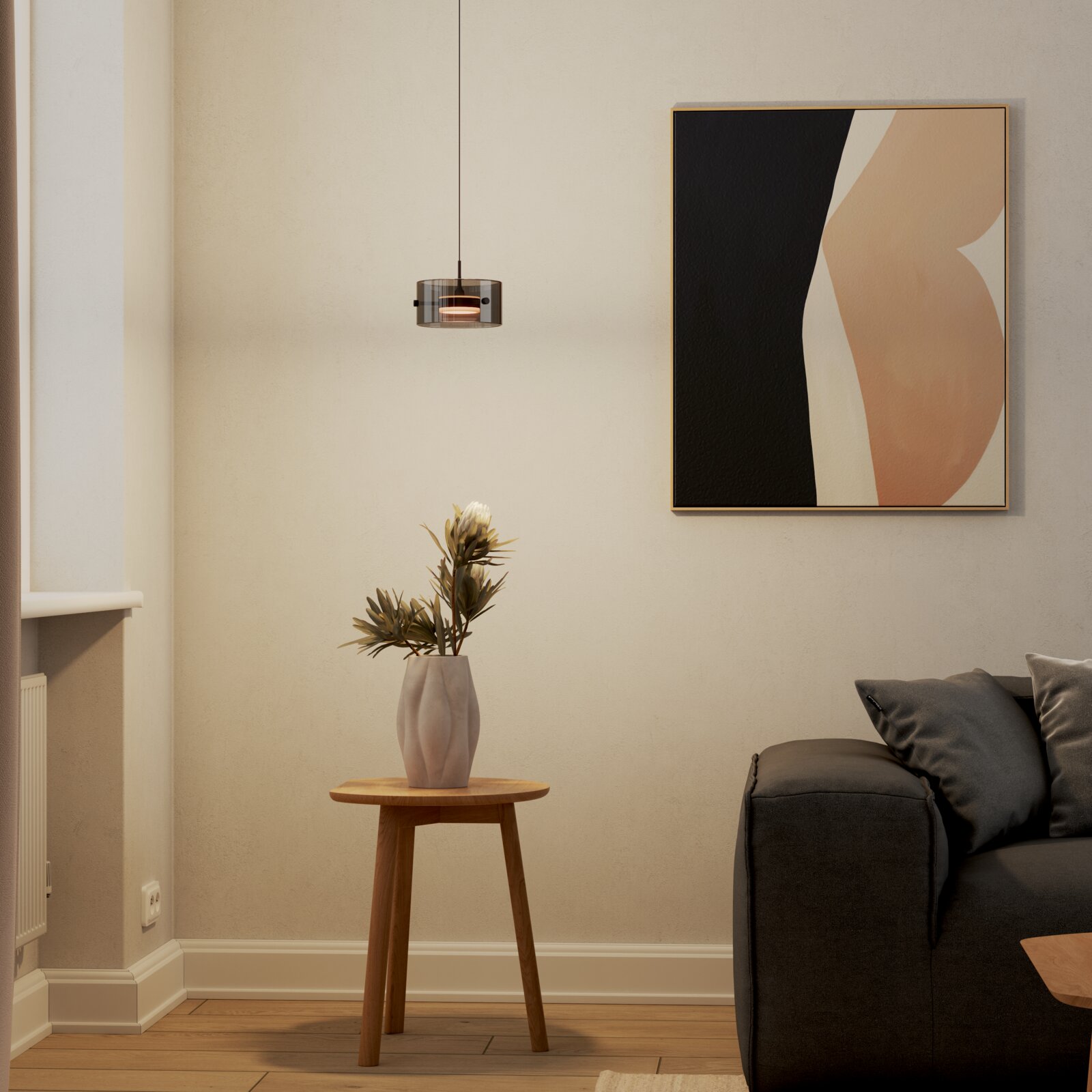 Novel LED-Hängeleuchte HÄNGELEUCHTE Moderne LED-Hängeleuchte in einem stilvollen Wohnzimmer, seitliche Perspektive