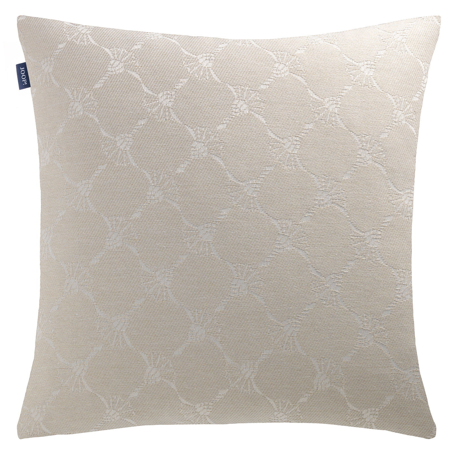Beige Zierkissenhülle mit dezentem Muster, frontal fotografiert