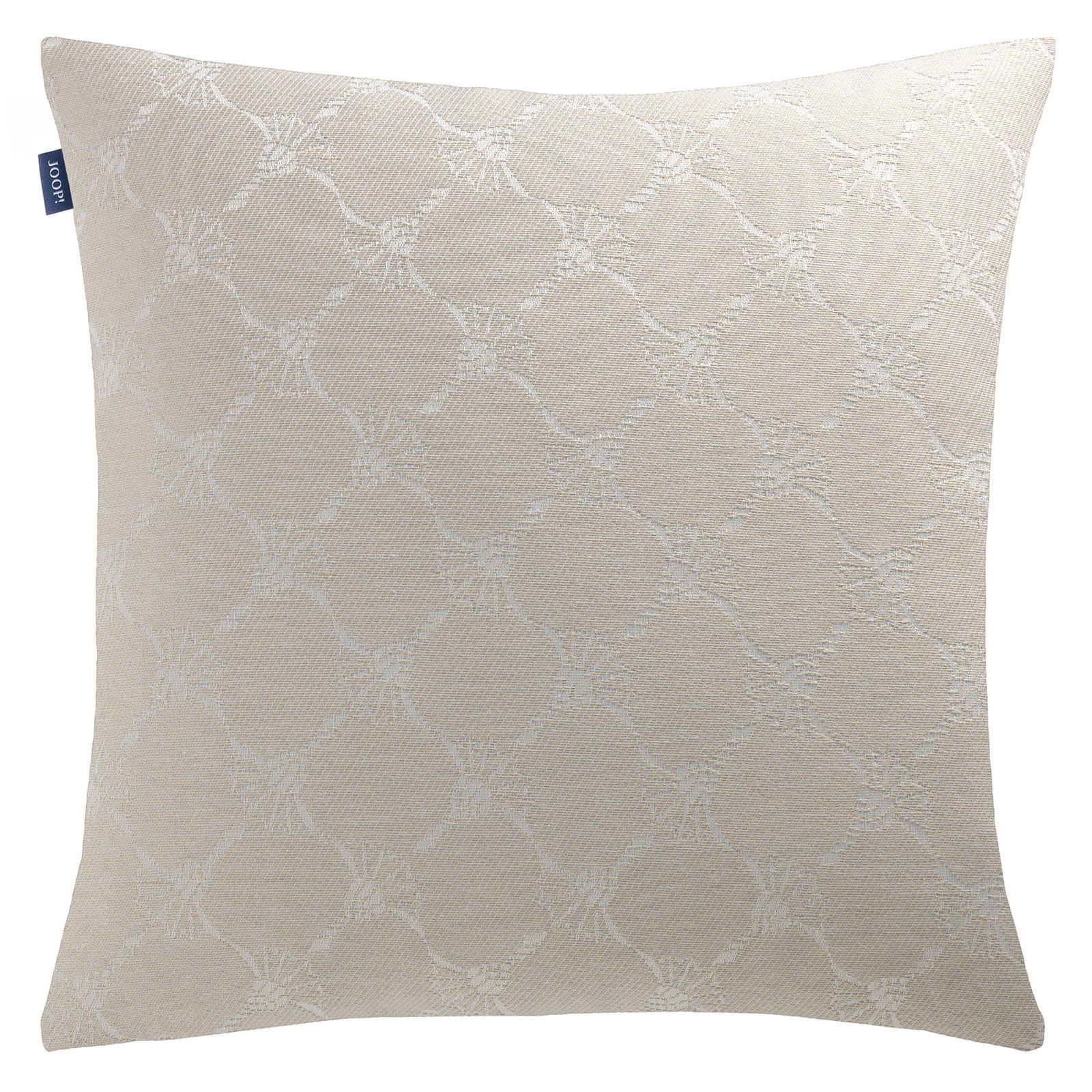 Beige Zierkissenhülle mit dezentem Muster, frontal fotografiert