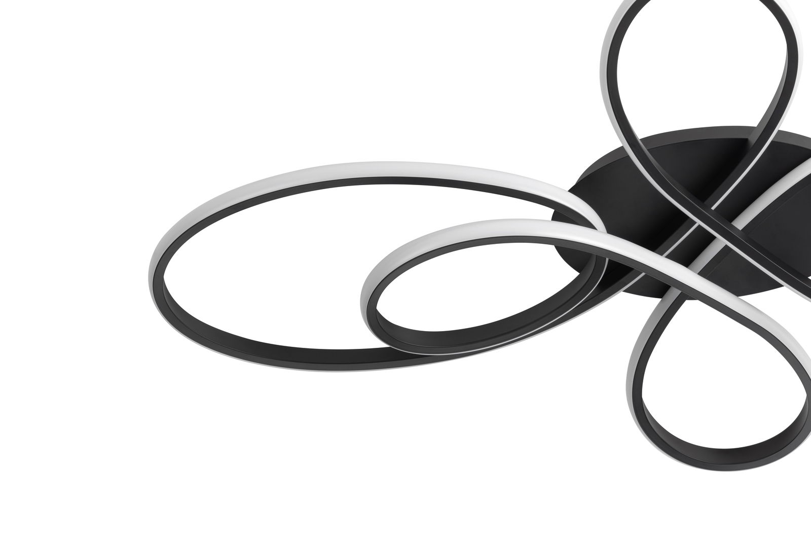 Moderne LED-Deckenleuchte mit geschwungenem Design, seitliche Perspektive