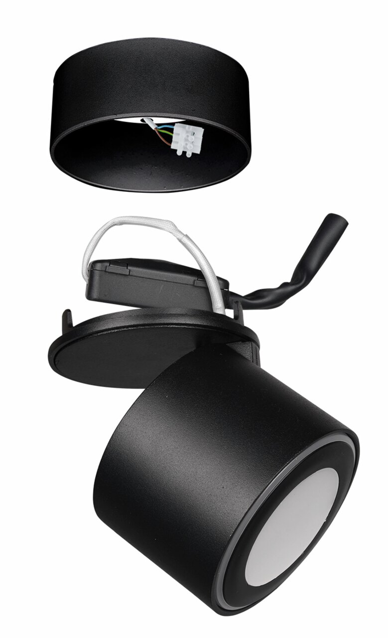 Schwarzer LED-Einbau- und Aufbauspot TAURUS, perspektivische Ansicht von oben mit sichtbaren Kabelanschlüssen.