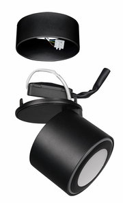 Schwarzer LED-Einbau- und Aufbauspot TAURUS, perspektivische Ansicht von oben mit sichtbaren Kabelanschlüssen.