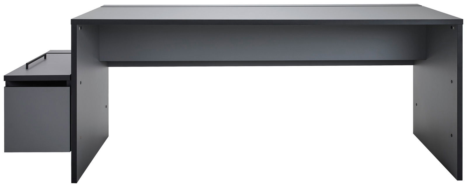 Frontansicht eines modernen, grauen Gamingtisches mit seitlichem Stauraum.