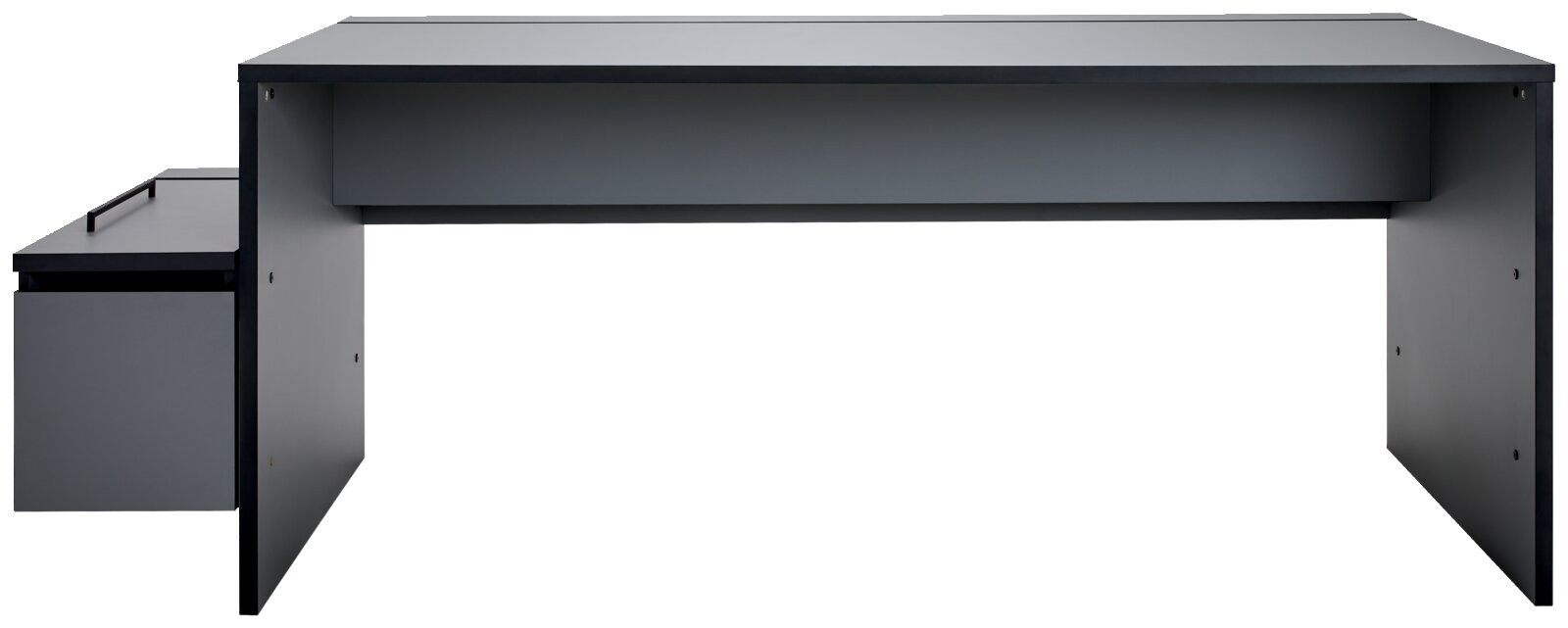 Vooraanzicht van een moderne, grijze gamingtafel met opbergruimte aan de zijkant.