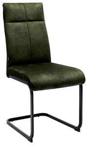 Grüner Schwingstuhl mit schwarzem Metallgestell, seitliche Perspektive