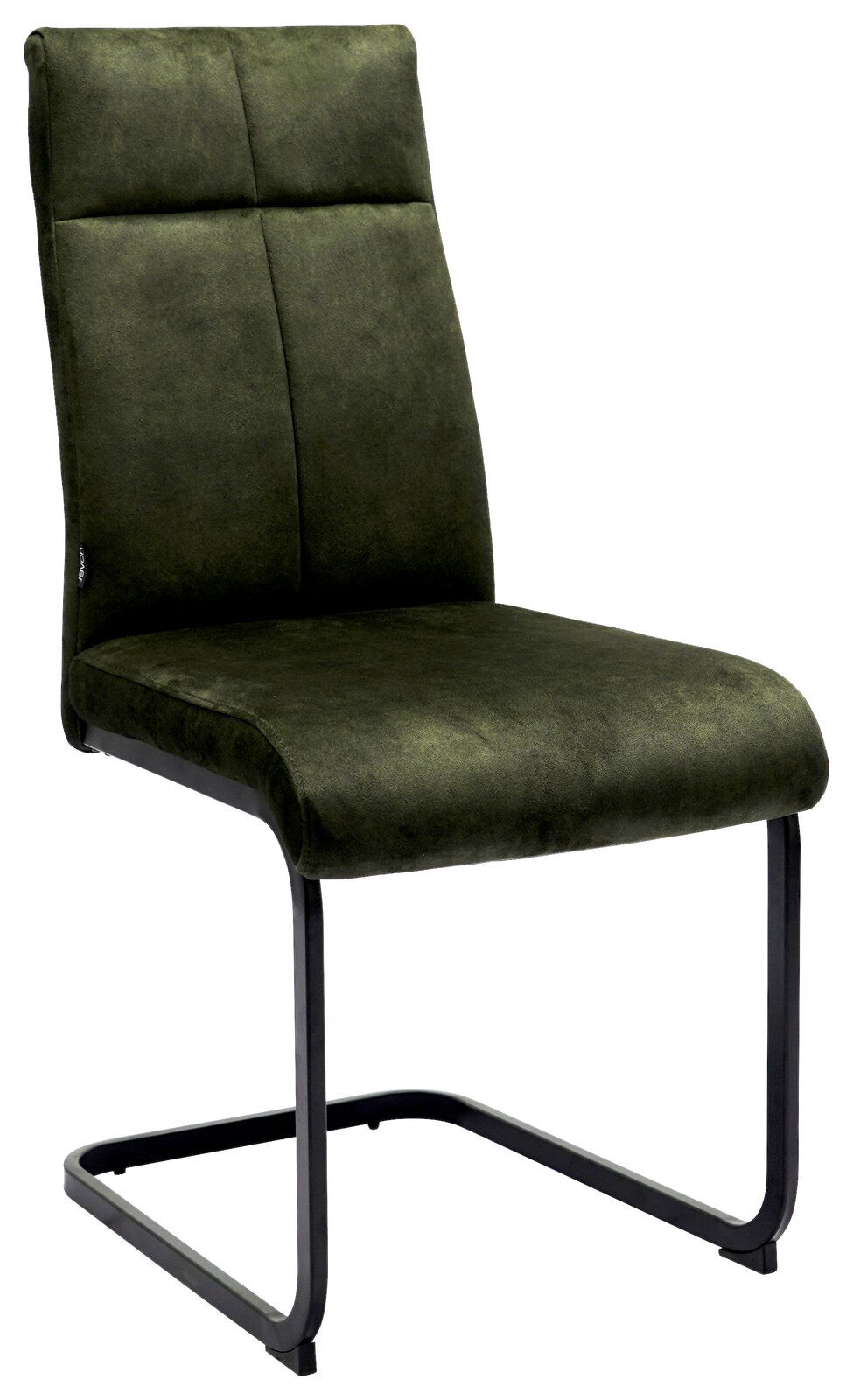 Grüner Schwingstuhl mit schwarzem Metallgestell, seitliche Perspektive