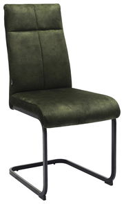 Grüner Schwingstuhl mit schwarzem Metallgestell, seitliche Perspektive