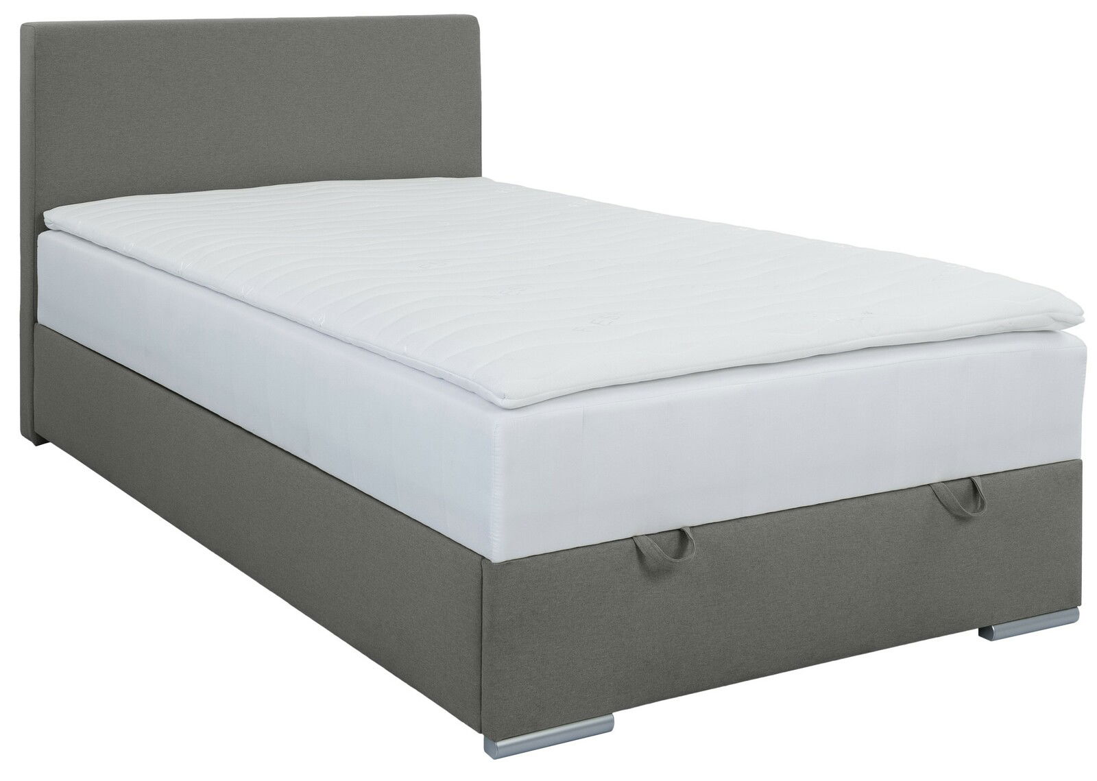 Boxbett 120 in grauem Stoffbezug, seitliche Perspektive