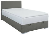 Boxbett 120 in grauem Stoffbezug, seitliche Perspektive
